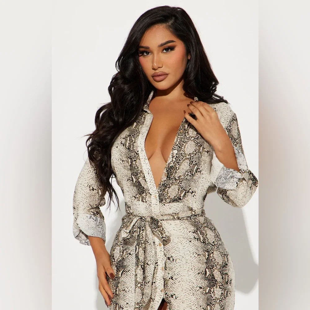 Fashion Nova Jolene Midi Shirt Dress - Cream/combo - Picture 3 of 4